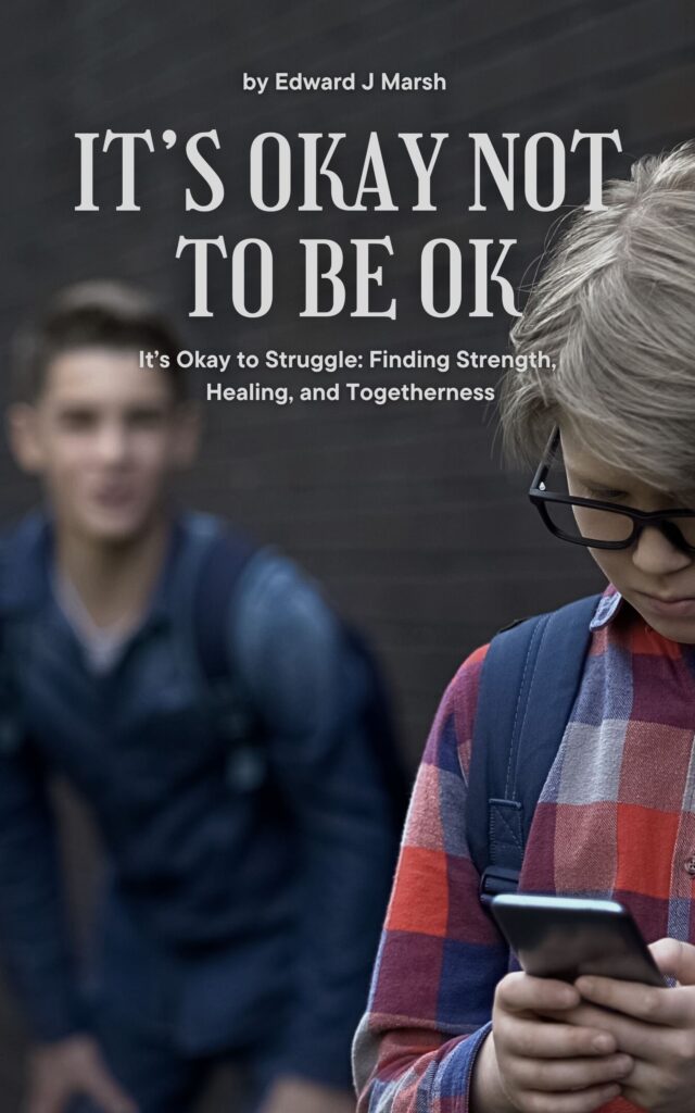 A boy looking down at his phone while two other boys stand behind him, appearing to watch or intimidate him